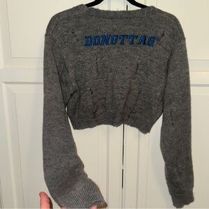 Do Not Tag Gray Cropped knit cardi with blue embroidered Logo - size M